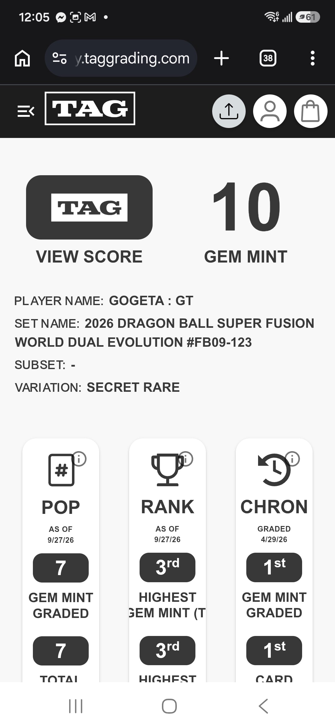 Gogeta: GT 2026 FUSION WORLD DUAL EVOLUTION #FB09-123: secret rare- ALT ART- Graded 10 GEM MINT