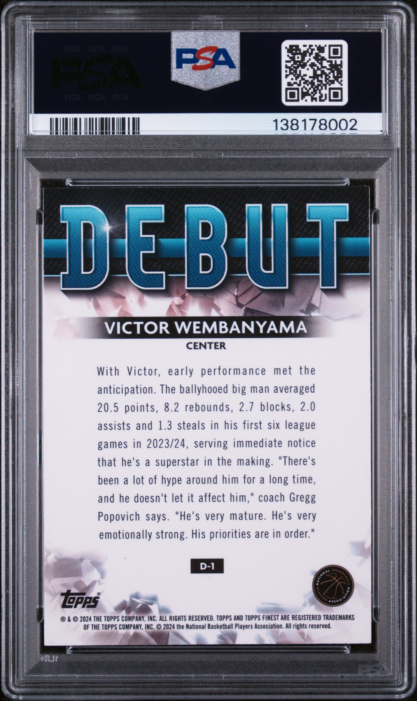 2023 TOPPS FINEST DEBUT #D1 VICTOR WEMBANYAMA- PSA 10 GRADED