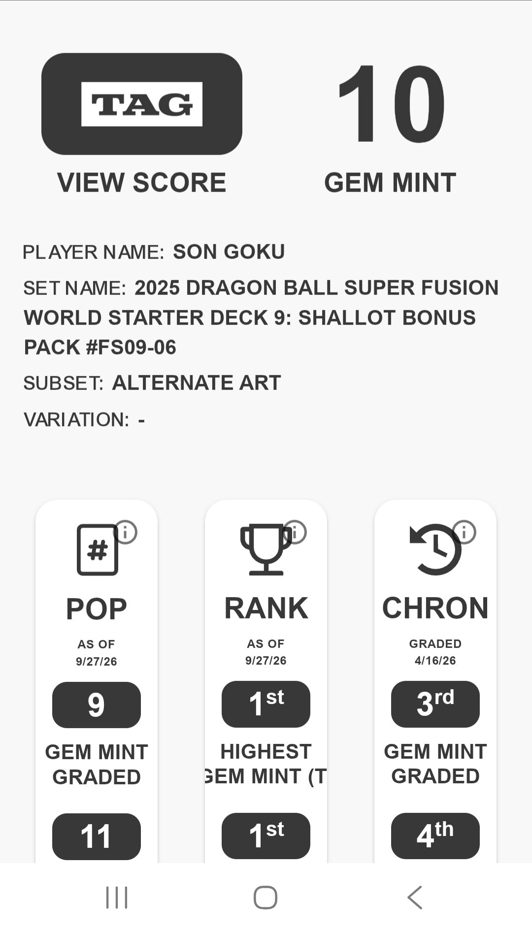 Son Goku 2025 DBS- Fusion World- Shallot #FS09-06- Bonus Pack- Alternate Art- Tag 10 GEM MINT
