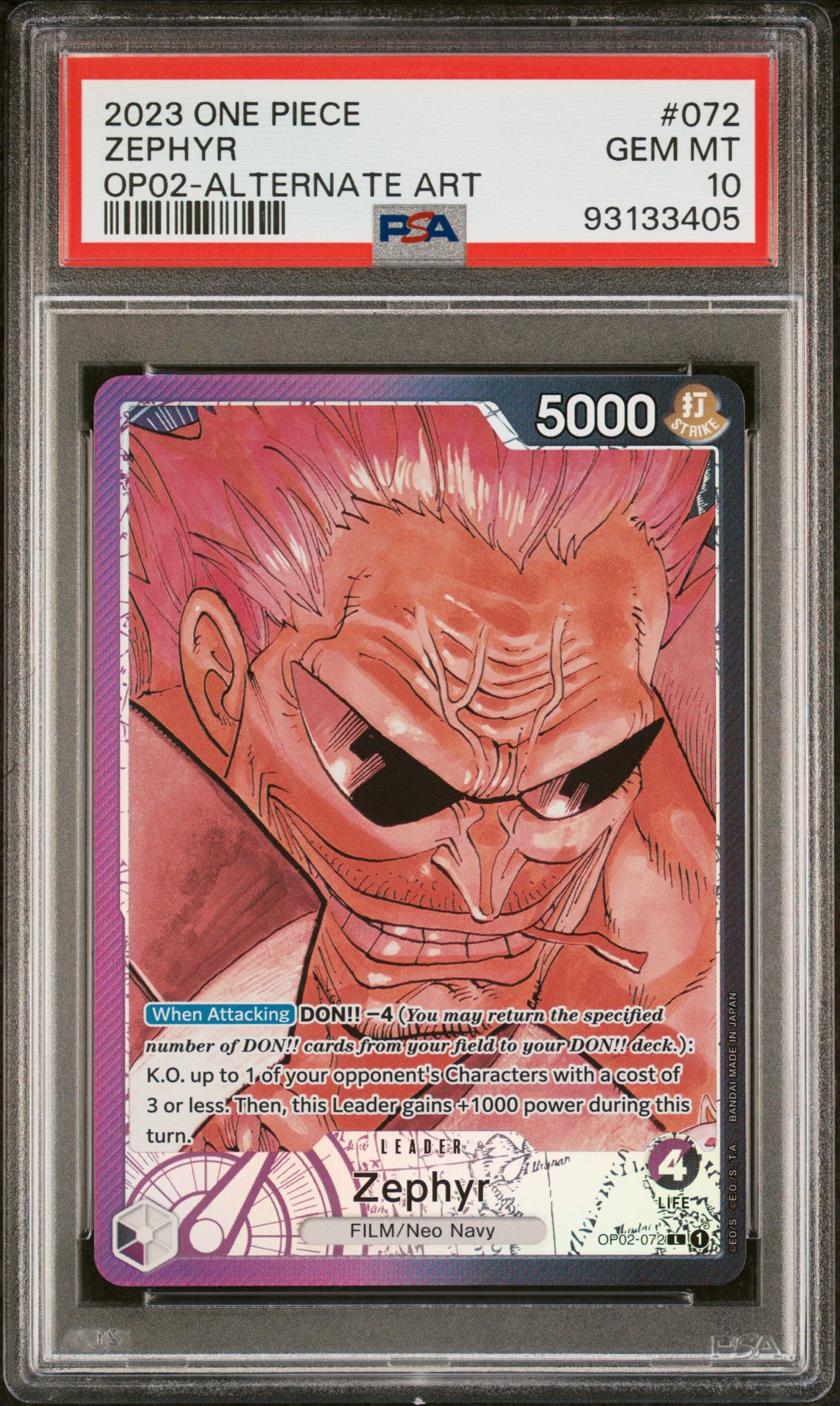 ONE PIECE OP02-PARAMOUNT WAR #072 ZEPHYR ALTERNATE ART- GRADED PSA 10