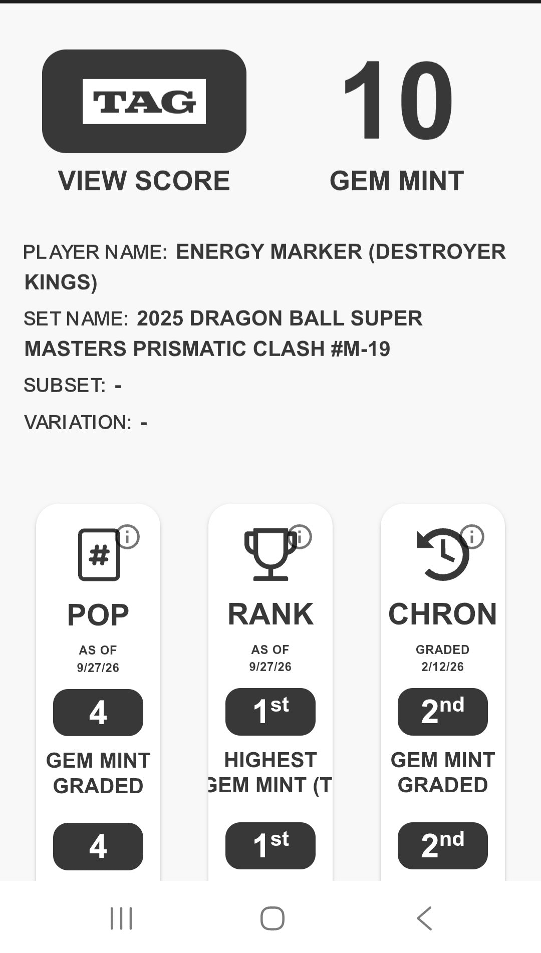 Energy Marker: Destroyer Kings- 2025 DBS Prismatic Clash #M-19 TAG 10 GEM MINT