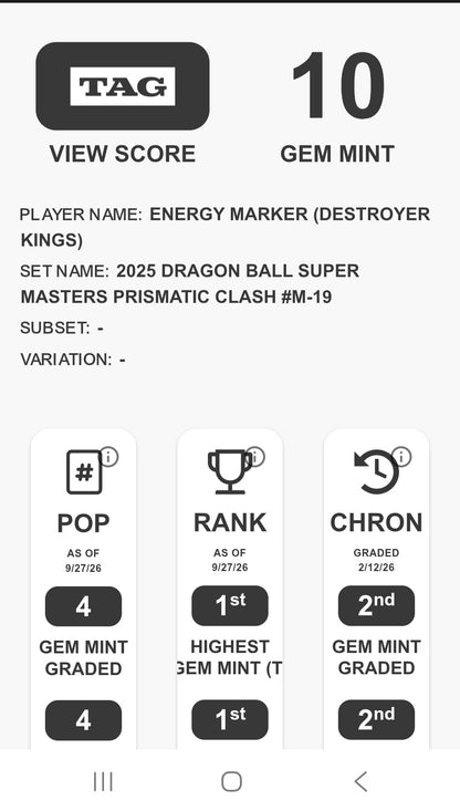Energy Marker: Destroyer Kings- 2025 DBS Prismatic Clash #M-19 TAG 10 GEM MINT