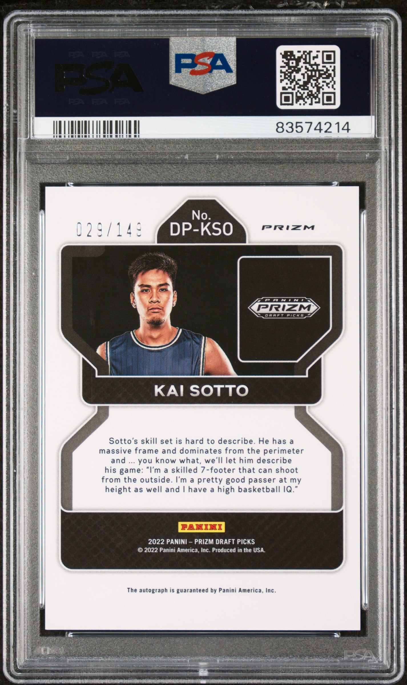 2022-23 PANINI PRIZM DRAFT PICKS DRAFT PICKS AUTOGRAPHS #DPKSO KAI SOTTO AUTOGRAPH-BLUE PRIZM- PSA 10 GRADED