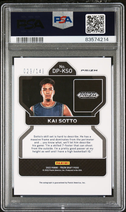 2022-23 PANINI PRIZM DRAFT PICKS DRAFT PICKS AUTOGRAPHS #DPKSO KAI SOTTO AUTOGRAPH-BLUE PRIZM- PSA 10 GRADED