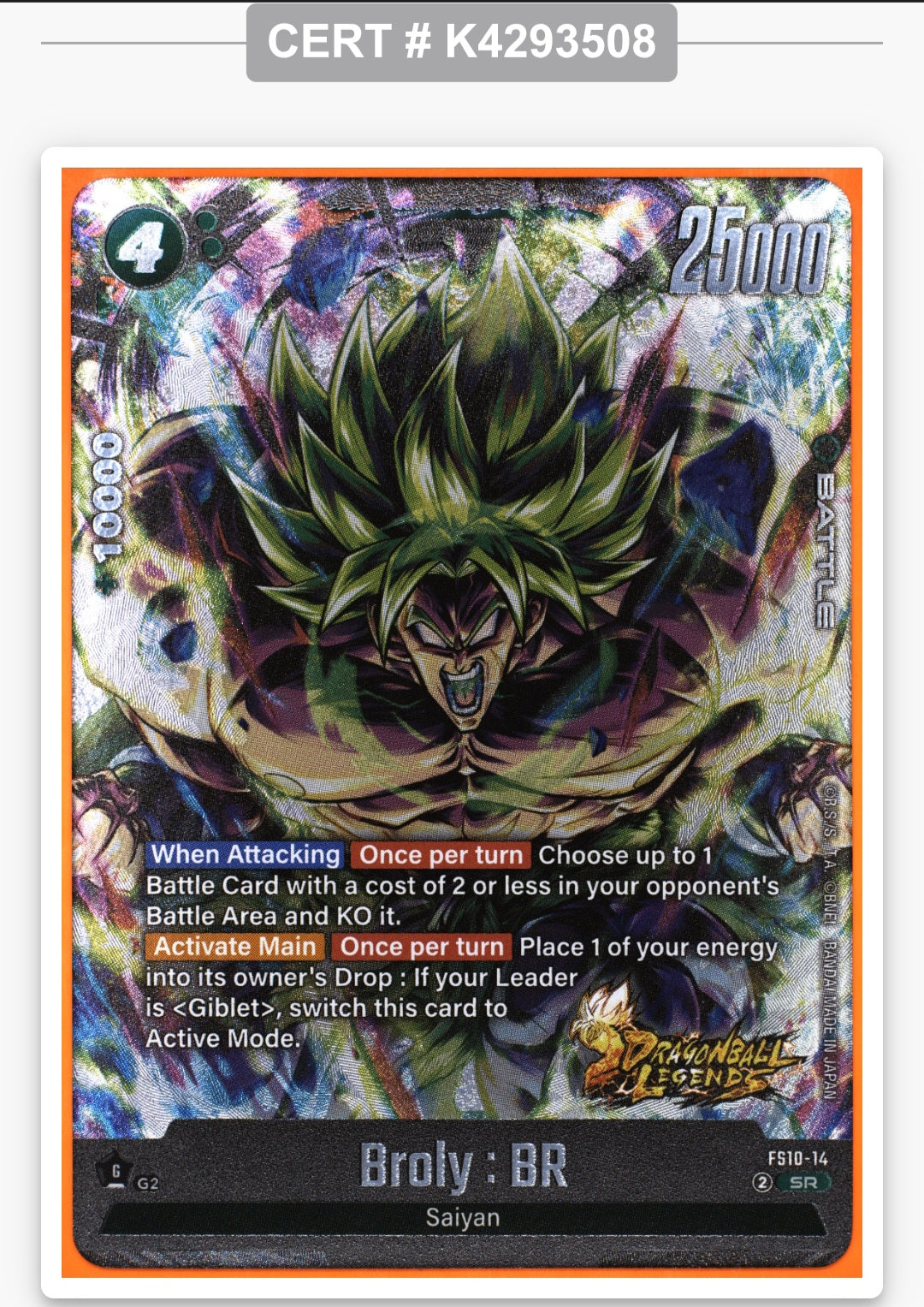 Broly BR- Fusion World #FS10 14: Super Rare- TAG 10 GEM MINT