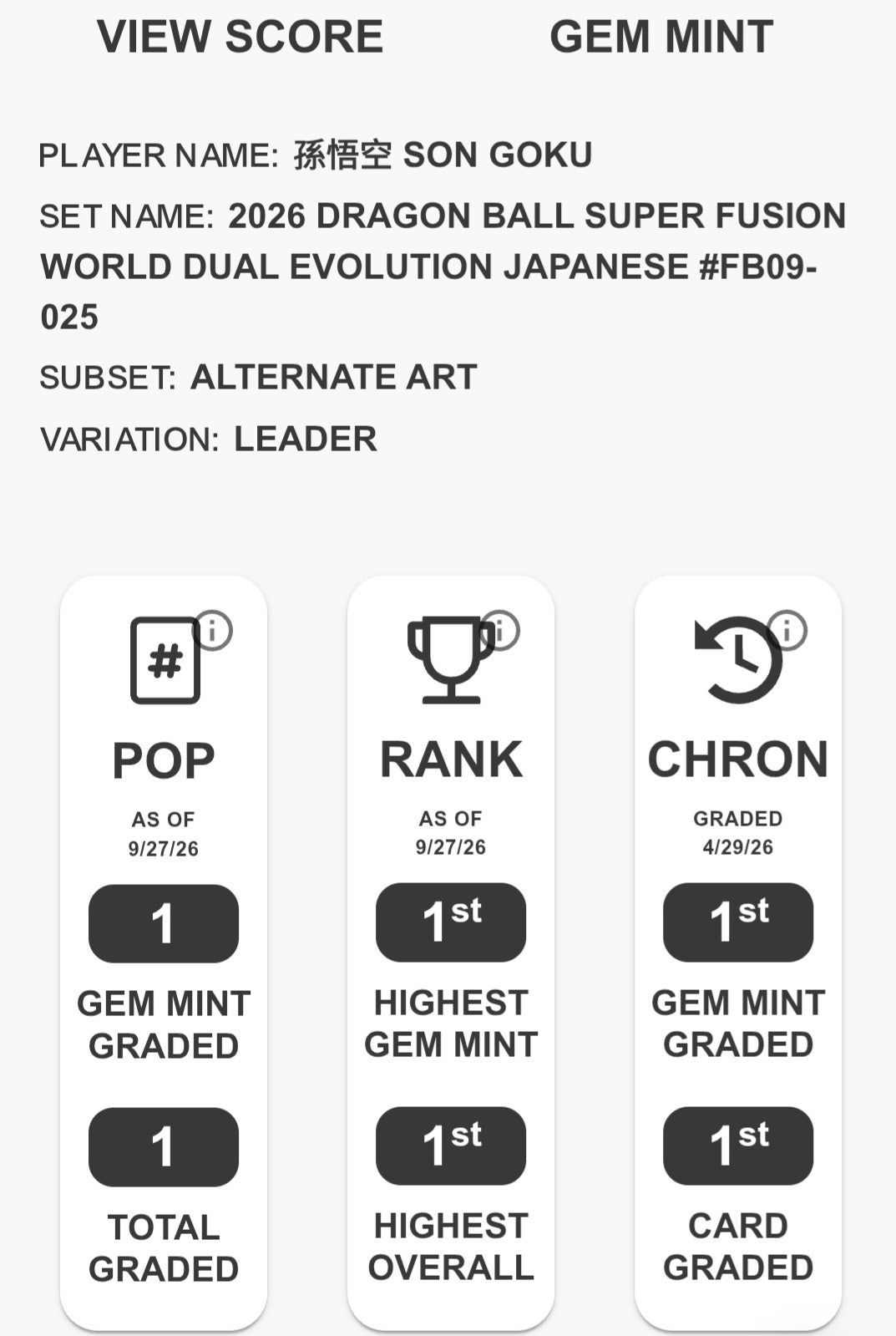 Son Goku : Fusion World 2026- Dual Evolution #FB09-025 Alt Art- Graded Tag 10 GEM MINT