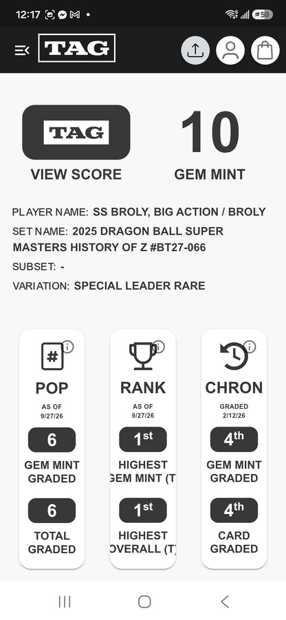 Brolly SS: 2025 Drogan Ball Super History- #BT27-066 Special Leader Rare- Graded Tag 10 GEM MINT
