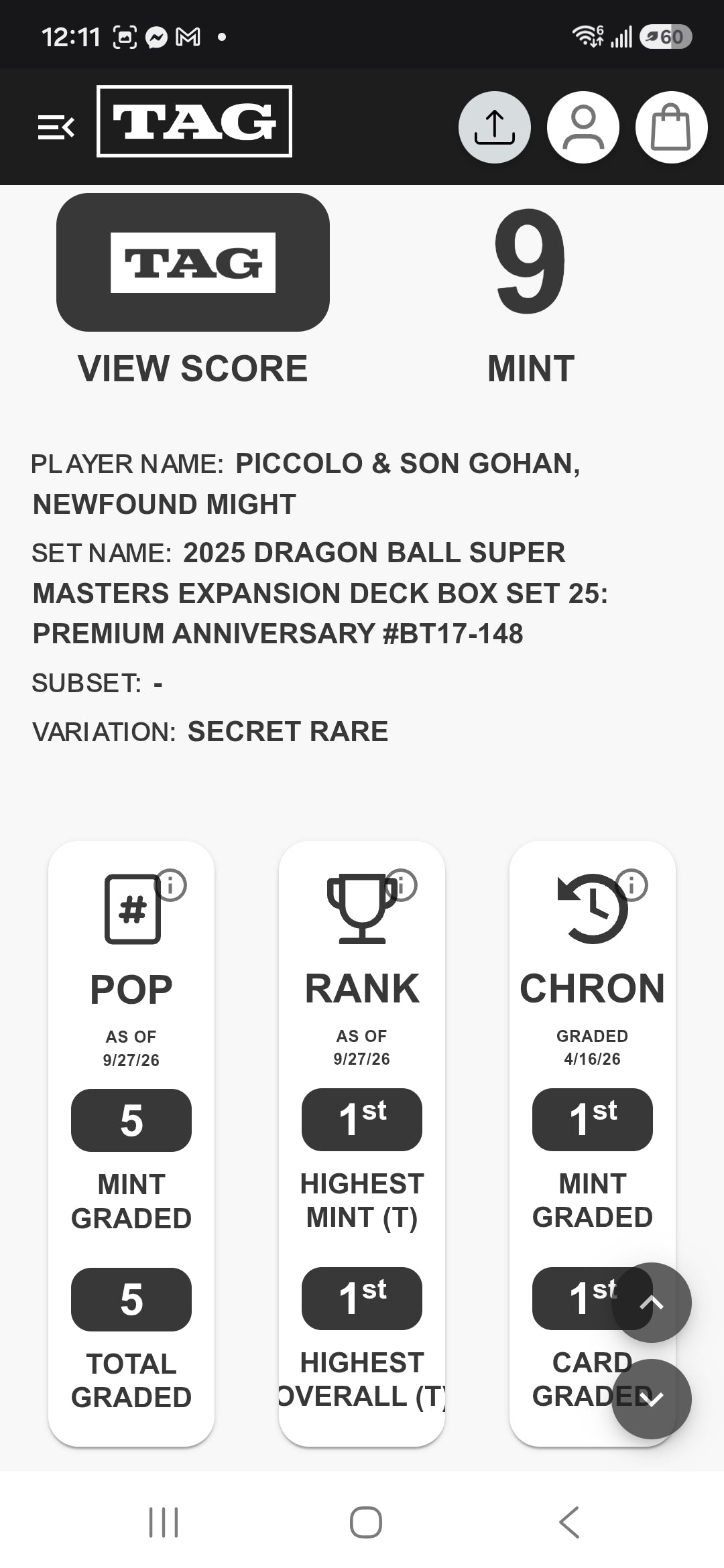 Piccolo/ Gohan: 2025 DBS- MASTERS #BT17-148- Anniversary Secret Rare- Graded Tag 9 MINT