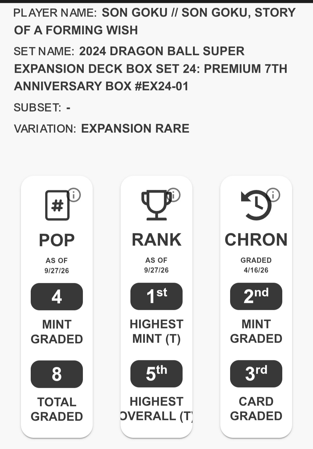 Son Goku: Expansion Rare #EX24-01 Graded Tag 9 MINT