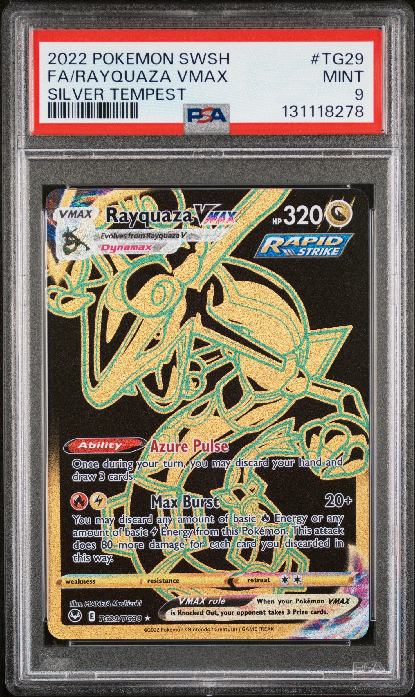 POKEMON SWORD & SHIELD SILVER TEMPEST #TG29 FA/RAYQUAZA VMAX SILVER TEMPEST- GRADED PSA 9