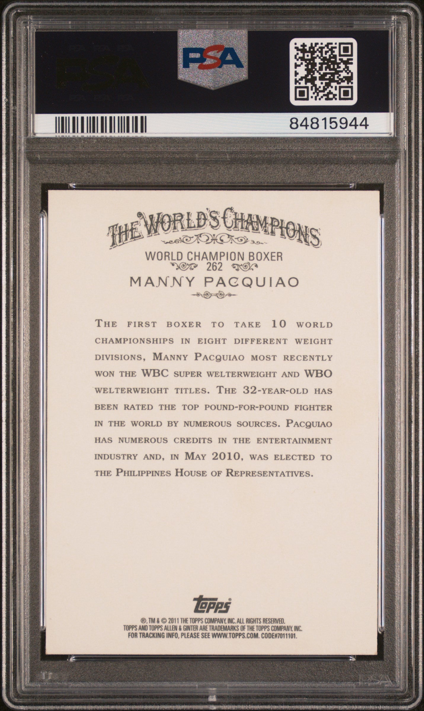 2011 TOPPS ALLEN & GINTER #262 MANNY PACQUIAO PSA 10
