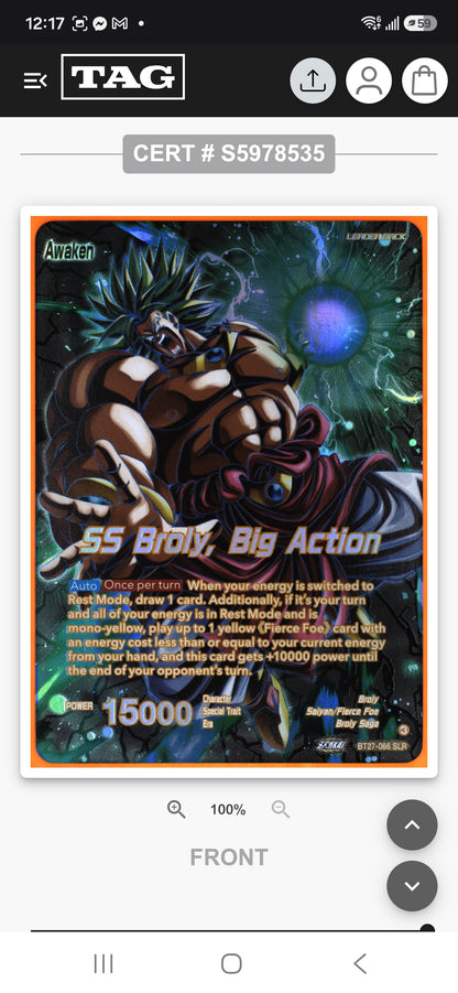 Brolly SS: 2025 Drogan Ball Super History- #BT27-066 Special Leader Rare- Graded Tag 10 GEM MINT