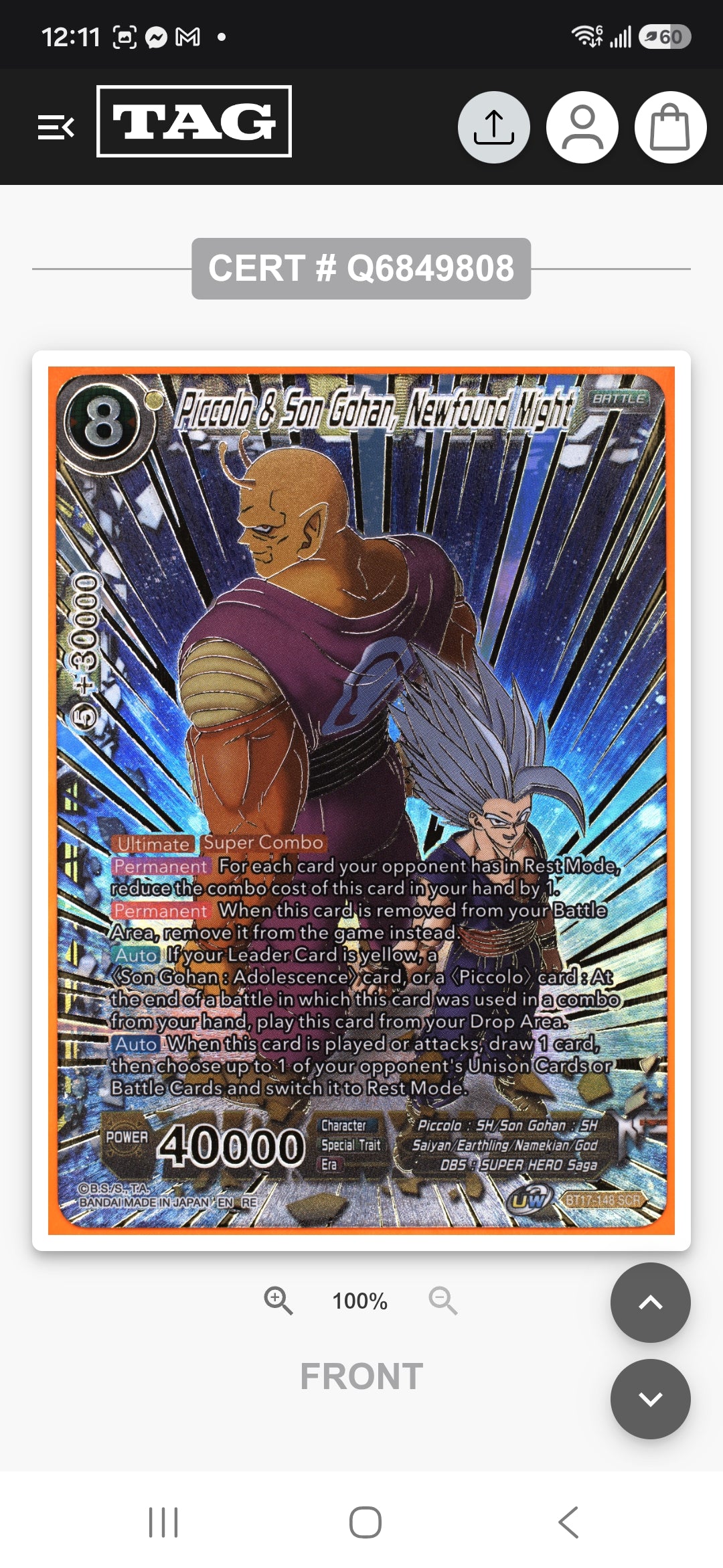 Piccolo/ Gohan: 2025 DBS- MASTERS #BT17-148- Anniversary Secret Rare- Graded Tag 9 MINT
